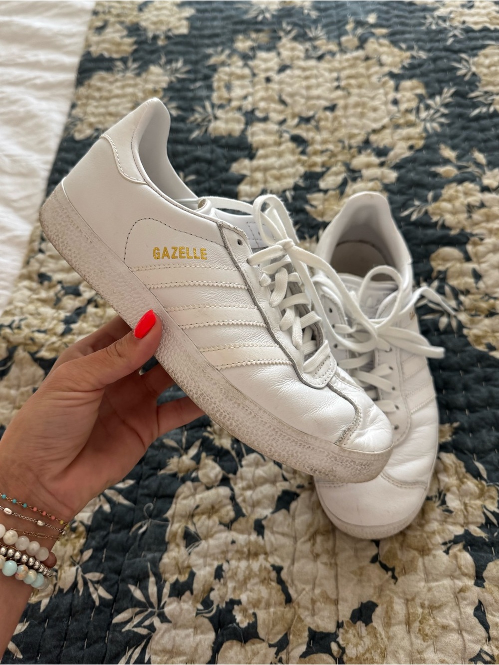 adidas White Gazelle Sneakers with Gold Lettering